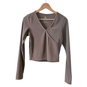 Move Theology Womens LG Crop Top Taupe Crossover V-Neck Athleisure Gym Workout